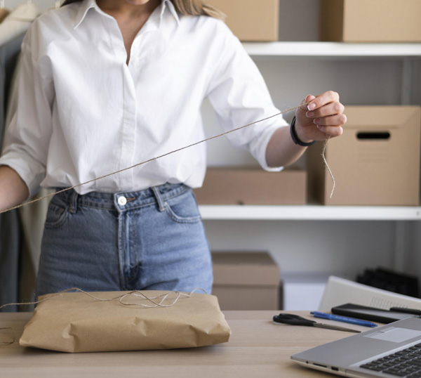 expertise Femme fermant un colis